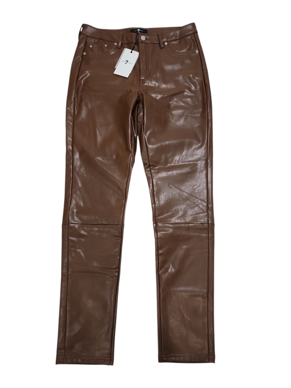 NEW 7 For All Mankind Faux Leather Straight Leg Pants Medium Cognac Edgy Moto